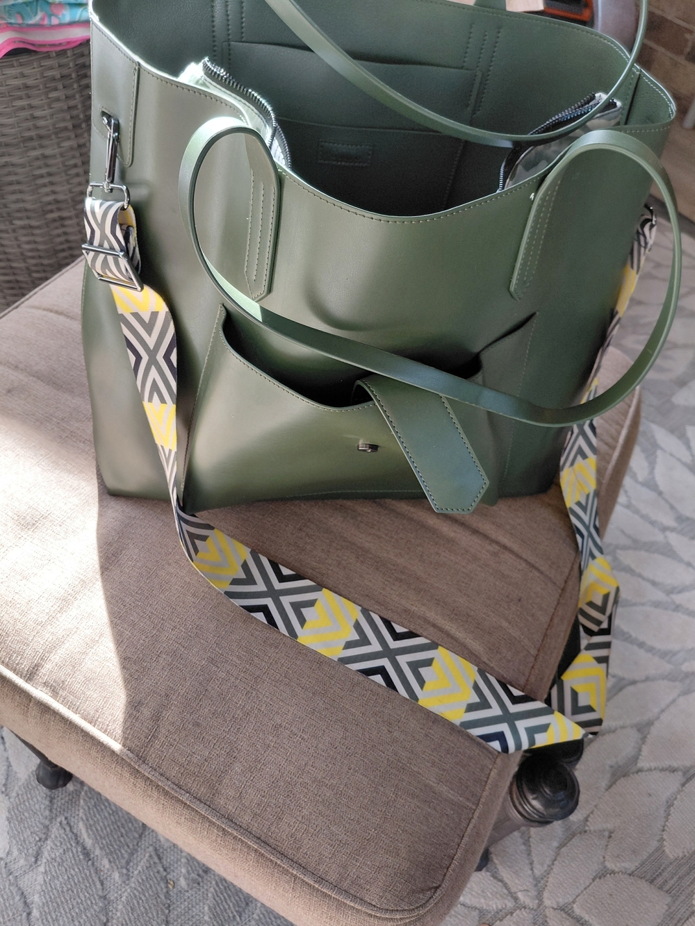Olive Green Structured Tote with Patterned Strap